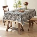 French vintage cotton linen tablecloth with black wildlife print and ivory tassels - 150*180 / Black Palm Tree