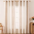 Cortinas de lino bohemias con bordado geométrico marrón y elegantes borlas - 132*160 / Blanco Roto