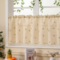 Beige linen cafe curtain with green cherry embroidery and decorative fringe trim - Green Cherry
