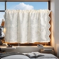 Lace cafe curtain with tulip embroidery in white and gray, rod pocket tier style - Size 140x60 / Beige Cafe Curtain