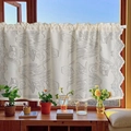 Creamy white tulip embroidered lace curtain with scalloped edges for kitchen windows - Beige Large Tulip