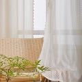 White lace curtain with geometric wave patterns and bohemian tassels in soft sunlight - 140*160cm / Off White