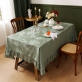 Sage green French vintage tablecloth with white floral patterns and ruffled lace edges - Green Butterfly