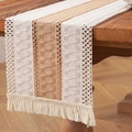 Bohemian woven table runner in cream and light coffee stripes with fringed edges - Khaki
