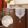 Elegant white lace table runner with floral embroidery and tassel on dark wood dresser - 30*160cm / Figure-8 Flower Embroidery Lace / White