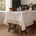 Creamy white French lace tablecloth with elegant rose floral patterns and ruffled edges - Beige Butterfly