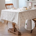 Linen table cloth with pink flower embroidery and tassel fringe on wooden table - 140*140cm / Pink Floral Embroidery