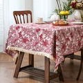 Vintage red toile jungle leopard print tablecloth with elegant off-white tassel trim - 150*100cm / Red Palm Tree