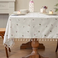 Waterproof cream linen tablecloth with pink floral embroidery and fringe trim - 140*220cm / Pink Flower Green Leaf