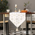 White table runner with golden hexagonal geometric patterns and elegant cream tassels - Diamond Grid Bronzing (White)