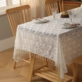Bohemian off-white lace tablecloth featuring floral patterns and delicate fringe tassels - Small American Style