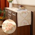 Beige table runner with exquisite pink-orange floral embroidery and geometric patterns - Pink Rose Embroidery