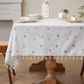 Mantel impermeable crema con bordado floral y flecos de borlas estilo rústico francés - 150*260 / Flor Rosa