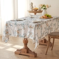Thick American style faux linen tablecloth with bird floral print and cream tassels - 135x100 / Chestnut Flower
