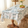 Linen style bird and flower print rectangle tablecloth with white fringe tassels - 135x100 / Water Blue Flower