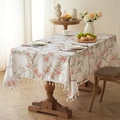 Thick beige floral and bird print tablecloth with decorative tassels in a pastoral style - 135x100 / Red Flowers Green Leaves
