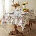 Floral bird print linen tablecloth with decorative white tassels for wooden tables - 135x100 / Purple Floral