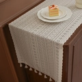 Elegante runner da tavola in pizzo beige con strisce geometriche e dettagli di frange - Extra piccolo / Bianco Sporco