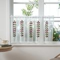 White semi-transparent cafe curtain with leaf embroidery and pom-pom trim for small windows - Small / Green Red