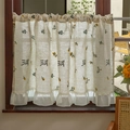 Pastoral linen cafe curtain with lavender embroidery and white ruffled hem on wood window - Small Style / Wheat Ruffle Style
