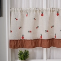 Linen cafe curtain with red pineapple embroidery and dark brown ruffle hem detail - Strawberry Embroidery