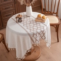 Nappe ronde en lin boho avec broderie géométrique et glands de frange en beige - 140*100cm