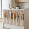 Linen kitchen cabinet curtain with orange and purple tulip print in a bright modern home - Multicolor Tulip