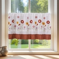 Floral embroidered coffee curtain with brown ruffled trim for rustic kitchen windows - 180x60cm / Multicolor Flower