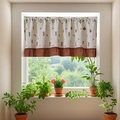 Short cafe curtain with cactus print and brown ruffle trim for kitchen window - Cactus Embroidery