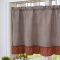 Classic brown gingham cabinet curtain with red ruffle trim for kitchen shelves - Coffee Plaid