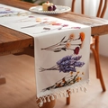Camino de mesa beige impermeable con motivos de lavanda y borlas de algodón blanco - 35*90cm / Ramo