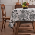 Linen table cloth with black vintage floral print and decorative fringe tassels - 150*100CM / Black Floral with Tassels