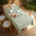 French vintage light green lace tablecloth with dark green fringe tassels on wood table - 150*180cm / Green Eight-Petal Flower