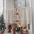White lace Christmas cafe curtain with red bells embroidery and golden snowflakes - 140*100cm / Christmas Candle Design