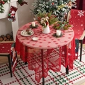 Mantel navideño de encaje rojo con renos y copos de nieve para decoración festiva - 90*90cm / Nieve de Navidad