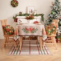Poinsettia and gold bell print Christmas tablecloth with red and green plaid borders - 140*180cm / Christmas Flowers & Bells