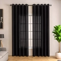 Bohemian black lace curtain with vertical stripe texture and metal grommets in pair - Black Ribbed