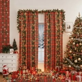 Christmas curtain set with red and green plaid patterns and festive wreath prints - 140*100cm Single Panel / Candy Orange Plaid Print