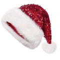 Sparkly red sequin Christmas hat with white plush faux fur trim and pompom decoration - Red