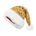 Festive gold sequin Christmas hat with plush white trim and fluffy top pom pom - Gold