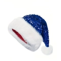 Detailed view of blue sequin Christmas hat with white plush trim and fluffy pompom ball - Blue