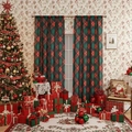 Red and green tartan Christmas window curtains in a festive holiday living room setup - Red Green Argyle