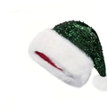 Close-up of green sequin Christmas hat with soft white faux fur trim and red lining - Dark Green