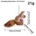 Detailed dimension chart showing size and weight of fuzzy squirrel Christmas ornament - Wooden Base Squirrel Looking Up Holding Pine Flower (P2-46)
