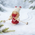 Detailed macro view of a wooden skiing doll ornament with heart knit sweater and white hat - Red Clothes White Hat Skiing Girl