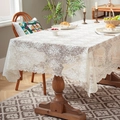 White rectangular lace tablecloth featuring floral patterns and scalloped edges for decor - 140*100cm / Cream Floral