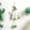Detail of a green sequined Christmas gnome ornament with white beard and silver bells - Green Santa Gnome