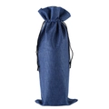 Dark blue burlap wine bottle gift bag with black drawstring closure on white background - Sapphire Blue
