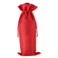Red linen drawstring wine bottle gift bag with textured burlap fabric and pleated top - Red
