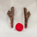 Brown plush reindeer antlers and red nose car decoration set with festive bells - Brown